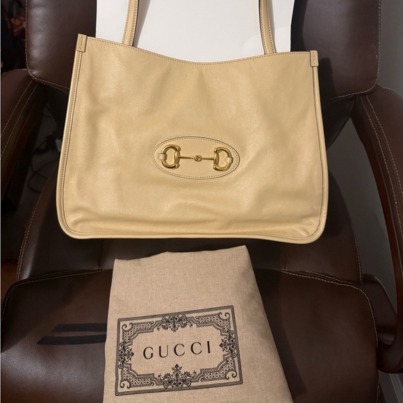 Gucci 1955 Horsebit Tote Shoulder Bag Beige Leather New